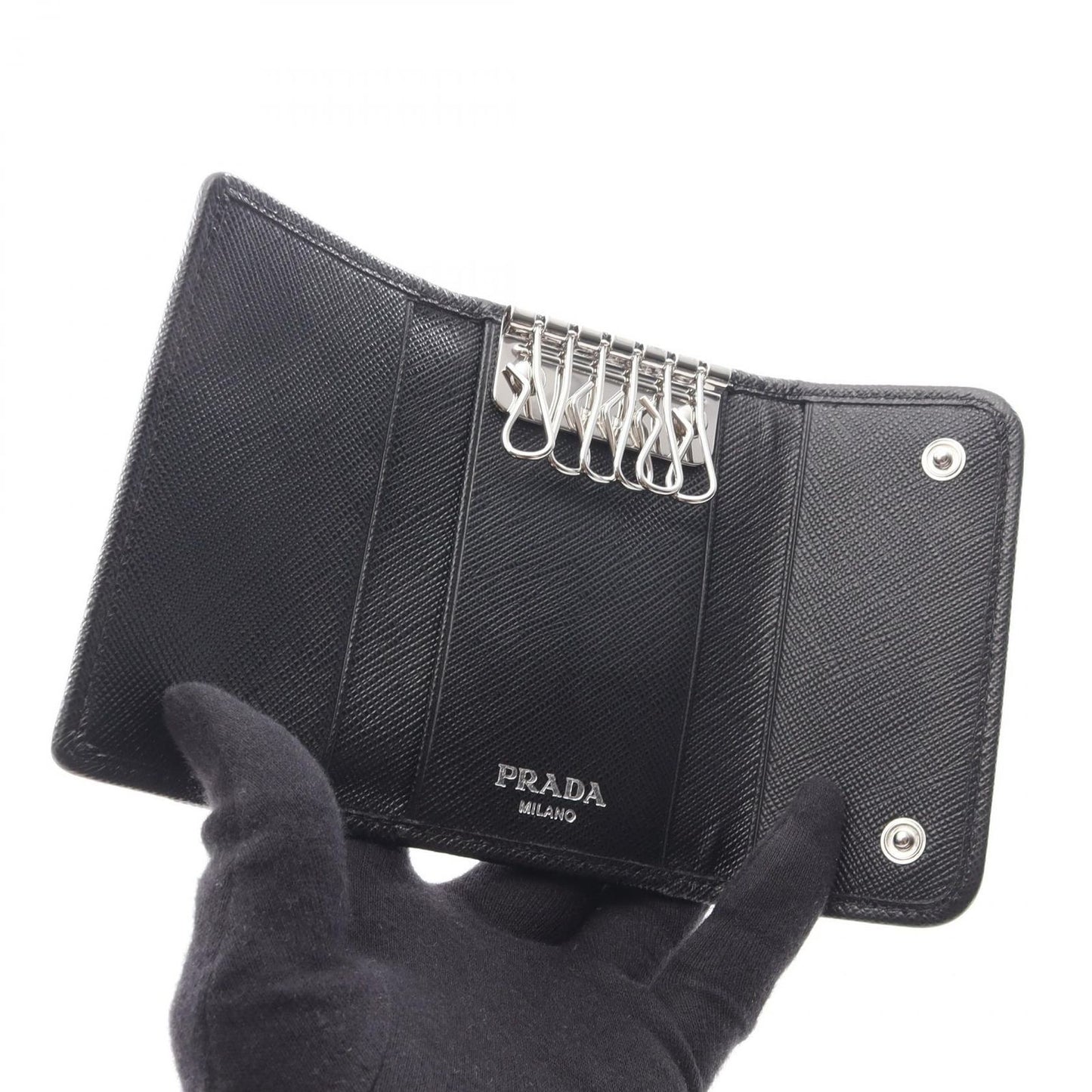 Prada Key Case Uzo Tessuto 6 Rows Black Nylon Saffiano Leather Triangle Logo — view 3