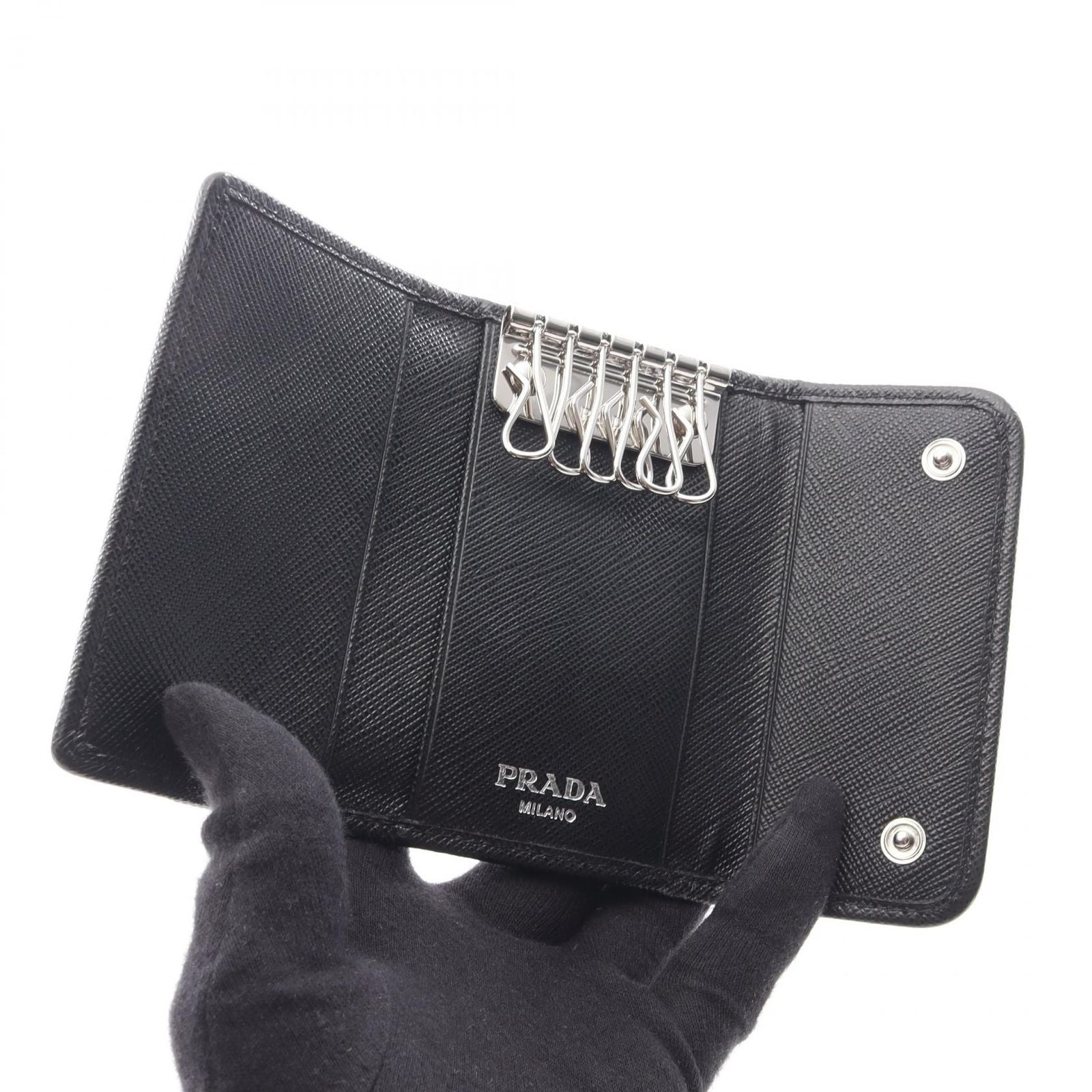 Prada Key Case Uzo Tessuto 6 Rows Black Nylon Saffiano Leather Triangle Logo — view 3