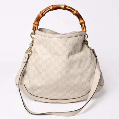 Gucci GG Canvas Bamboo Handbag Beige White Shoulder Strap Gold