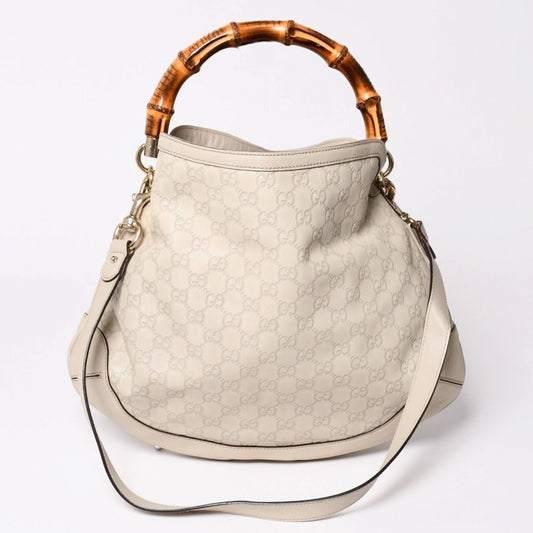 Gucci GG Canvas Bamboo Handbag Beige White Shoulder Strap Gold