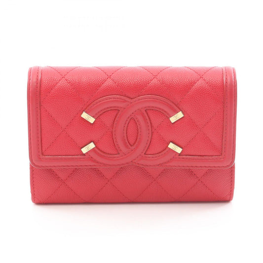 Chanel Bifold Wallet CC Filigree Quilted Red Caviar Leather
