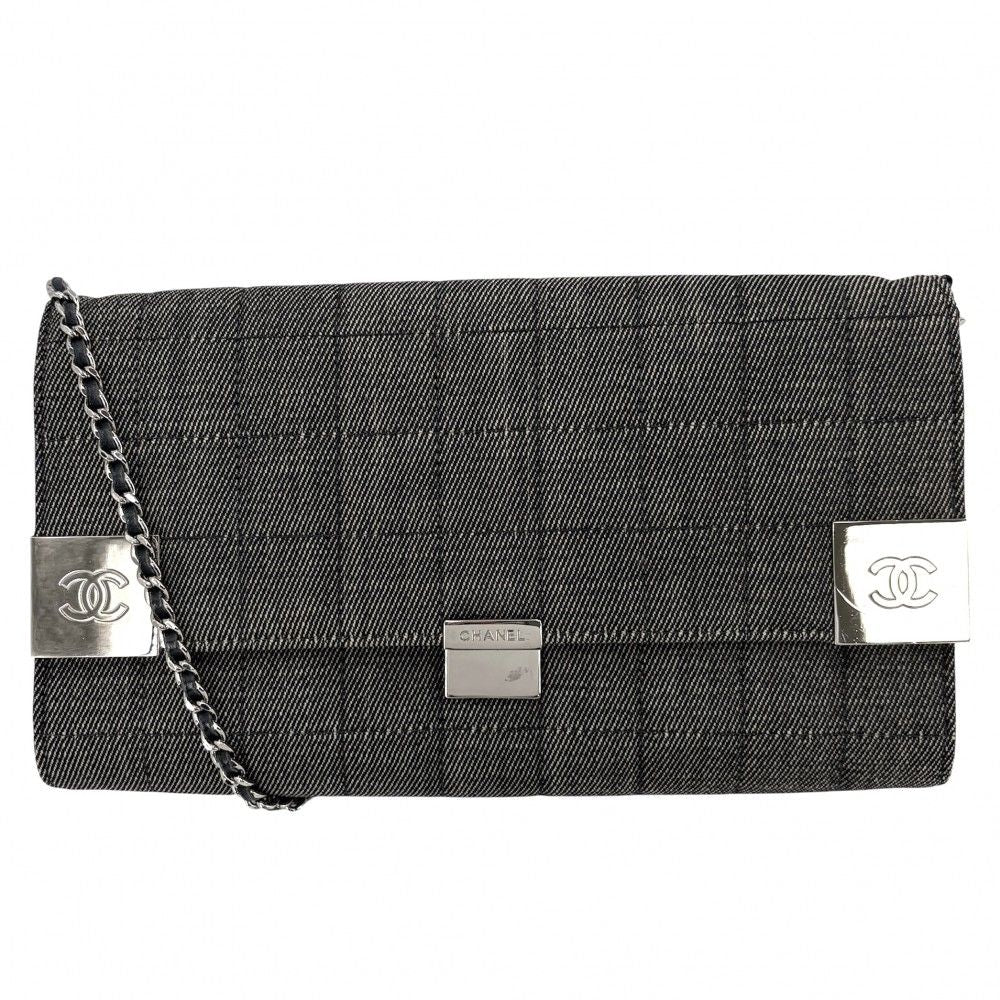 Chanel Shoulder Bag Chain Choco Bar CC Logo Coco Denim Gray Silver