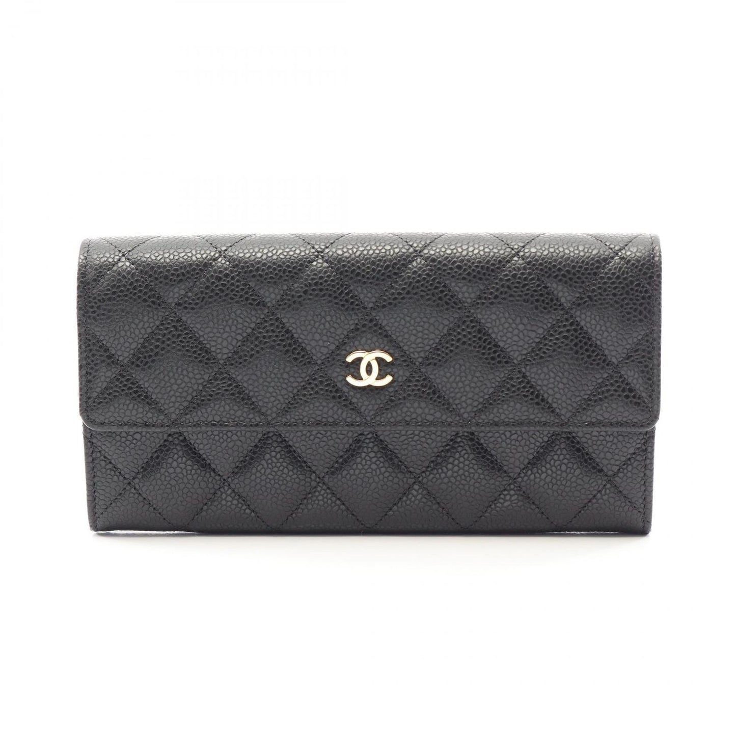 Chanel Bifold Wallet Quilted Black Caviar Leather Long Flap