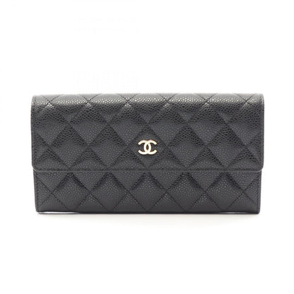 Chanel Bifold Wallet Quilted Black Caviar Leather Long Flap