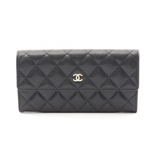 Chanel Bifold Wallet Quilted Black Caviar Leather Long Flap