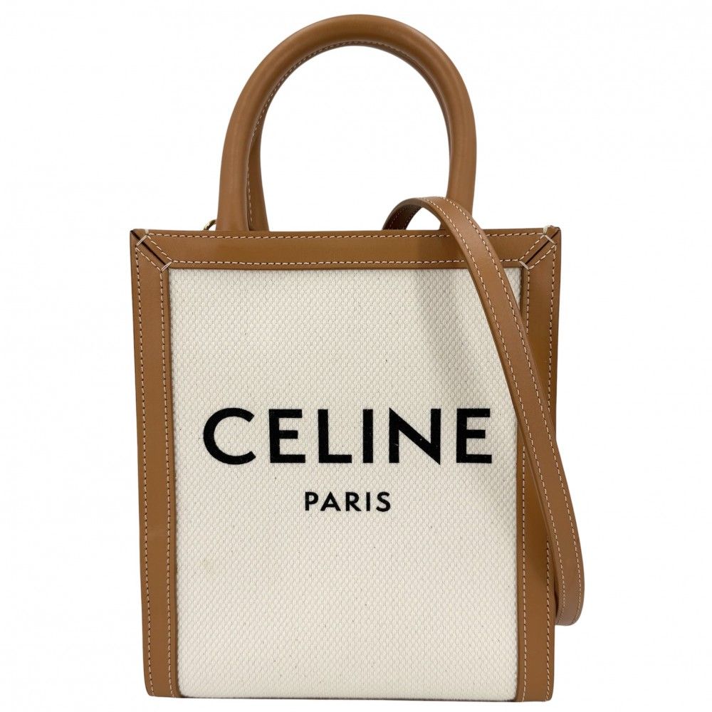 Celine 2-Way Mini Vertical Cover Mini Shoulder Bag Canvas Leather Ivory Brown