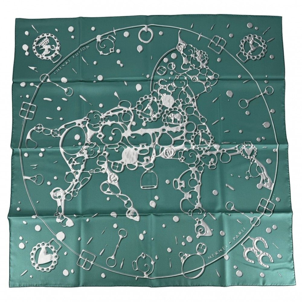 Hermes Scarf Carre 90 Cheval Fusion Carres Silk Green White