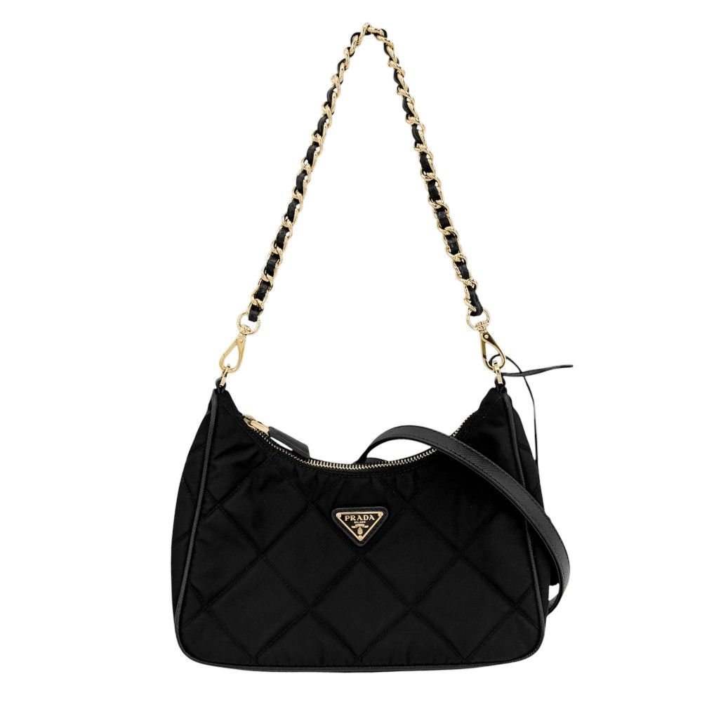 Prada 2-Way Triangle Logo Mini Bag Crossbody Quilted Nylon Black Gold