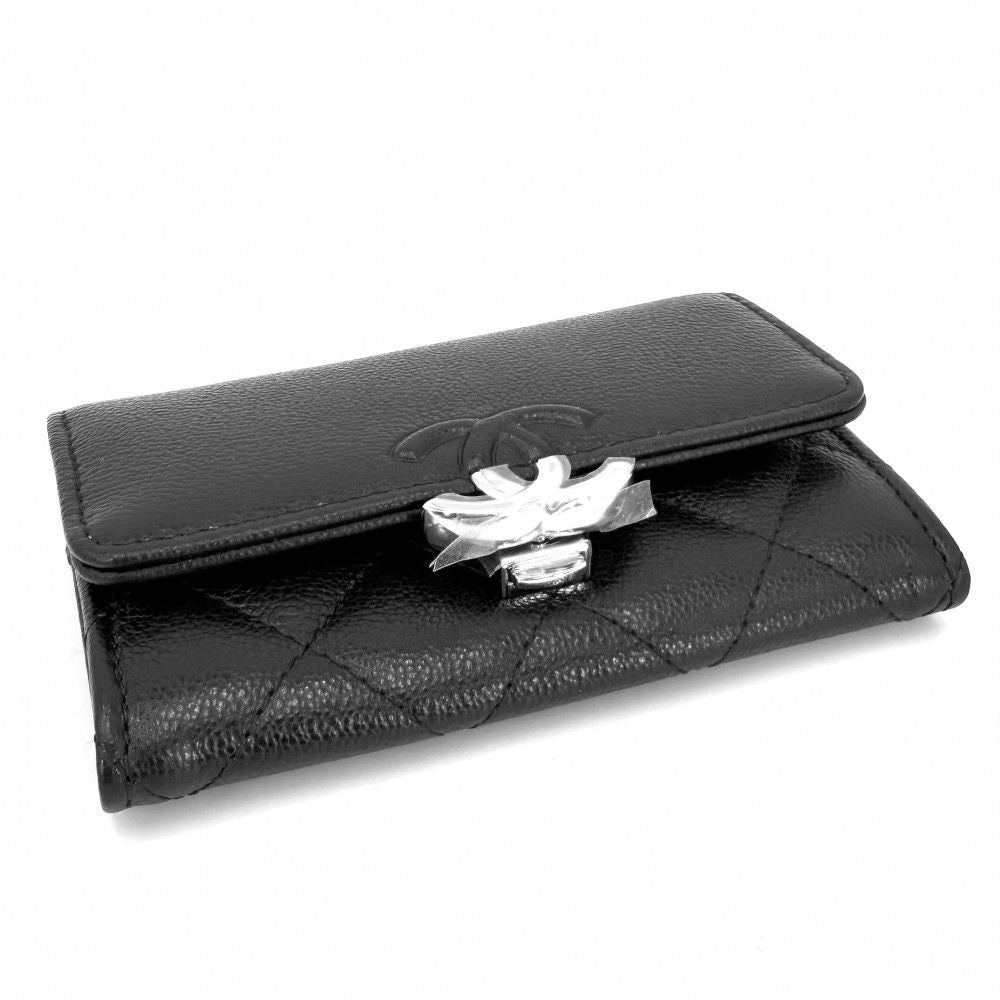 Chanel Coin Case Quilted CC Logo Purse Card Caviar Leather Black Silver — view 3