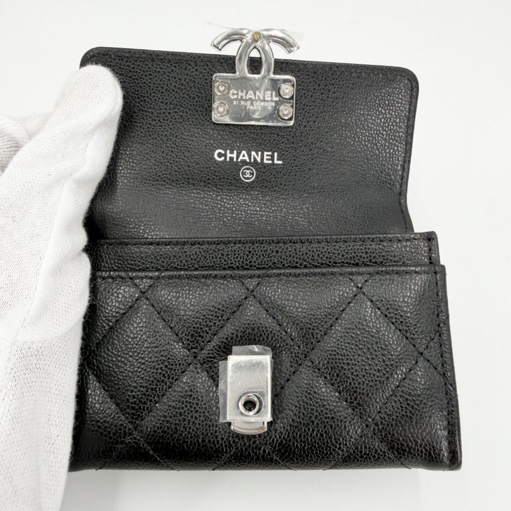Chanel Coin Case Quilted CC Logo Purse Card Caviar Leather Black Silver — view 4