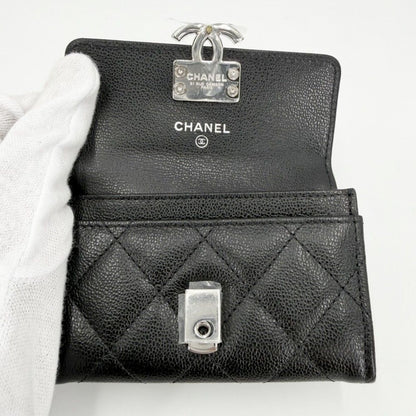 Chanel Coin Case Quilted CC Logo Purse Card Caviar Leather Black Silver — view 4