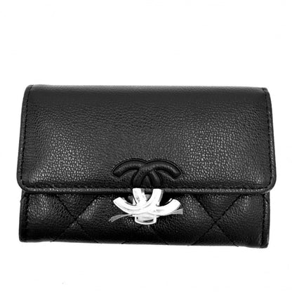 Chanel Coin Case Quilted CC Logo Purse Card Caviar Leather Black Silver