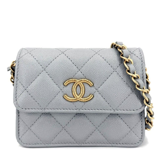 Chanel Shoulder Bag Mini Quilted CC Logo Crossbody Caviar Leather Gray Gold