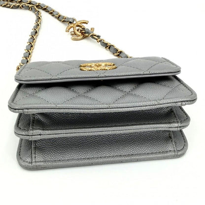 Chanel Shoulder Bag Mini Quilted CC Logo Crossbody Caviar Leather Gray Gold — view 3
