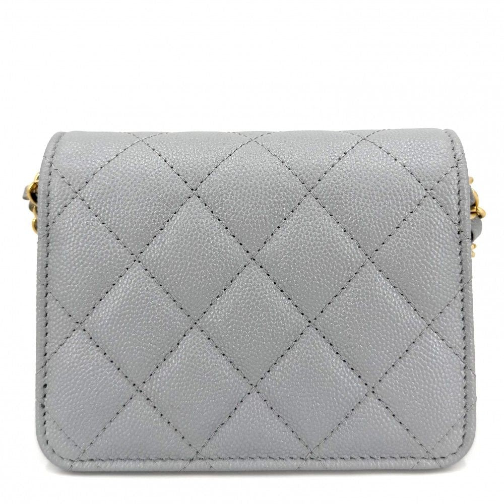 Chanel Shoulder Bag Mini Quilted CC Logo Crossbody Caviar Leather Gray Gold — view 2