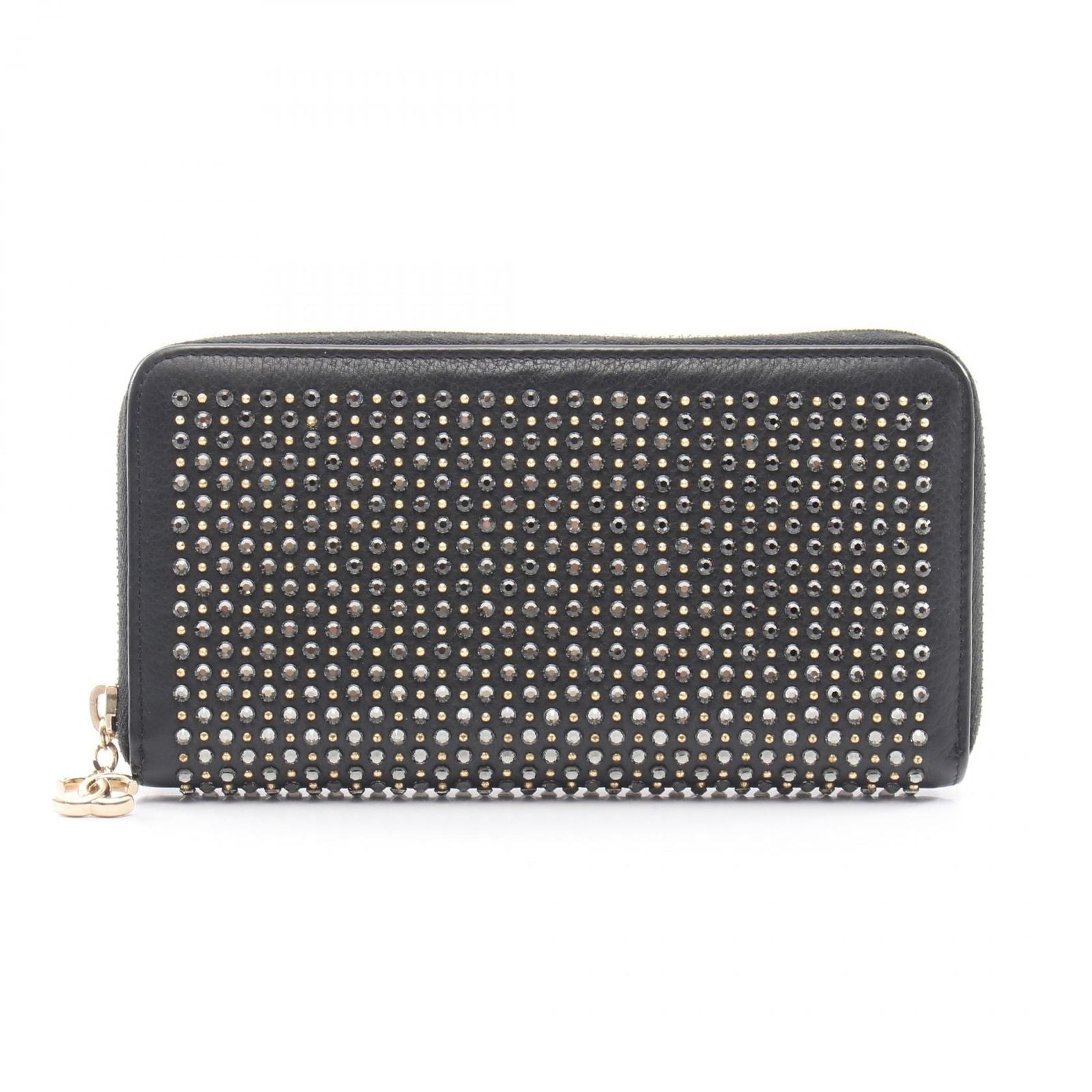 Chanel Round Wallet CC Logo Studs Black Leather