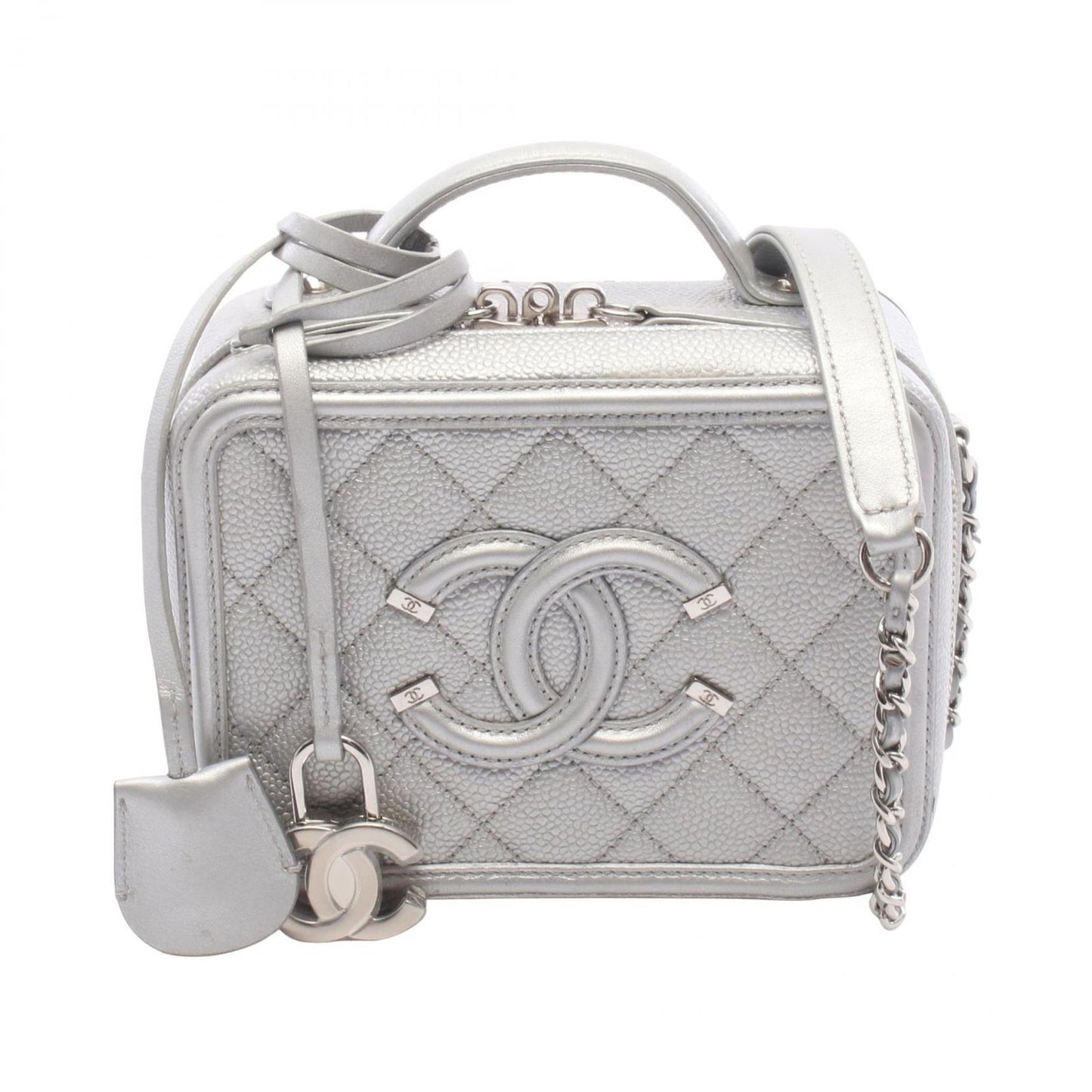 Chanel Shoulder Bag CC Figurine Small Vanity Silver Caviar Leather CC Quilted