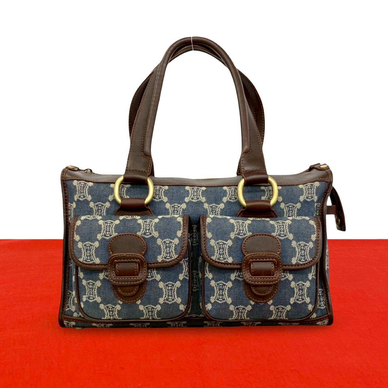 Celine Macadam Triomphe Pattern Denim Leather Tote Brown Blue