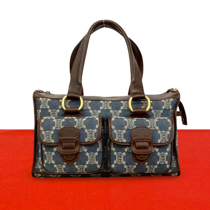 Celine Macadam Triomphe Pattern Denim Leather Tote Brown Blue