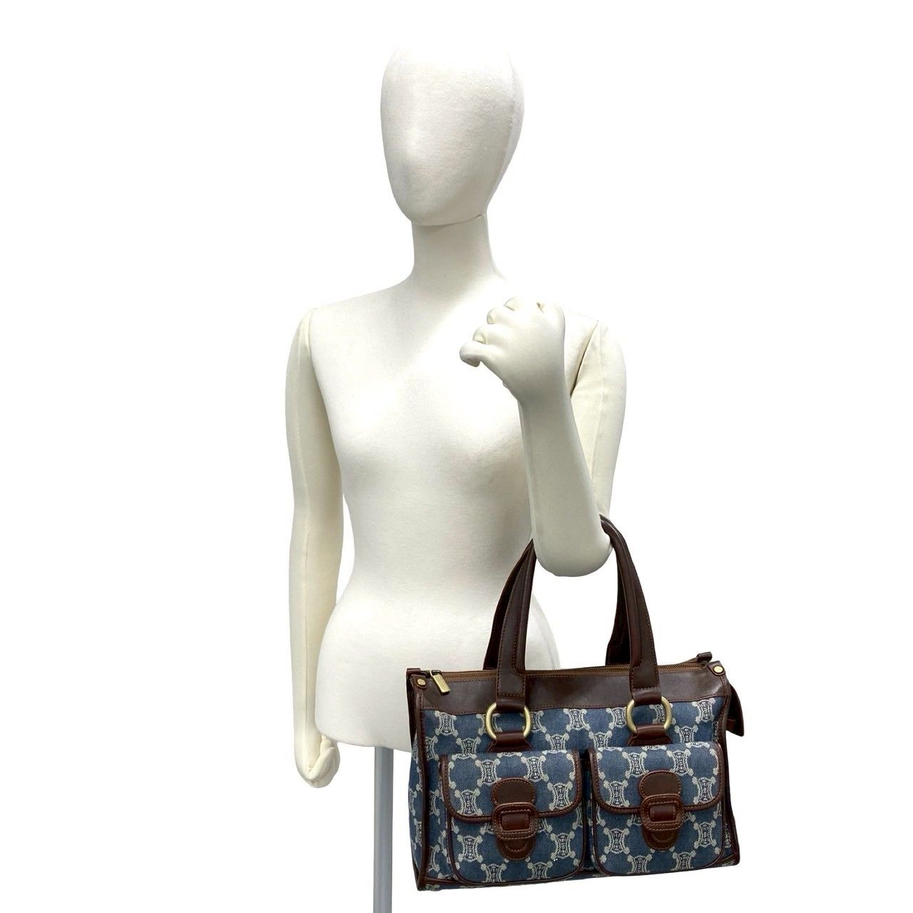Celine Macadam Triomphe Pattern Denim Leather Tote Brown Blue — view 2