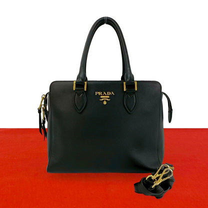 Prada Logo Saffiano Leather 2-Way Mini Tote Shoulder Bag Black