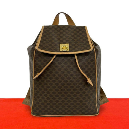 Celine Vintage Macadam Blason Triomphe Pattern Logo Ring Leather Backpack Brown