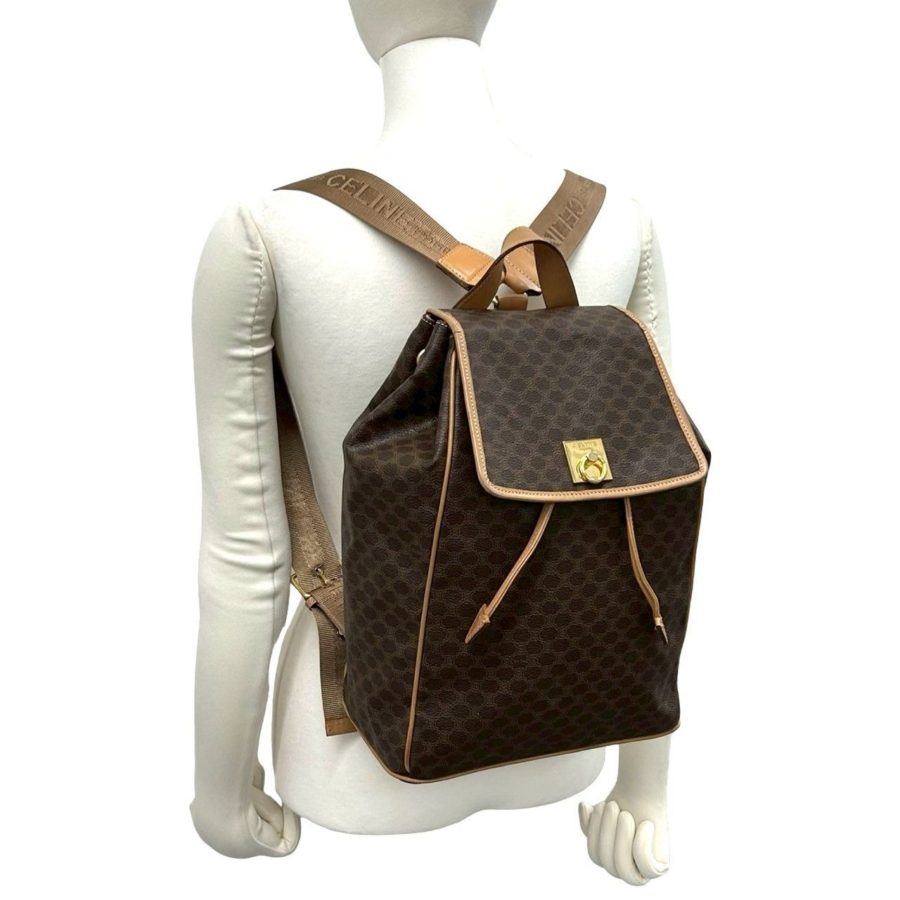 Celine Vintage Macadam Blason Triomphe Pattern Logo Ring Leather Backpack Brown — view 2