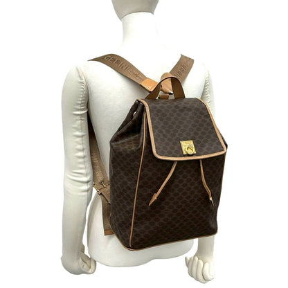 Celine Vintage Macadam Blason Triomphe Pattern Logo Ring Leather Backpack Brown