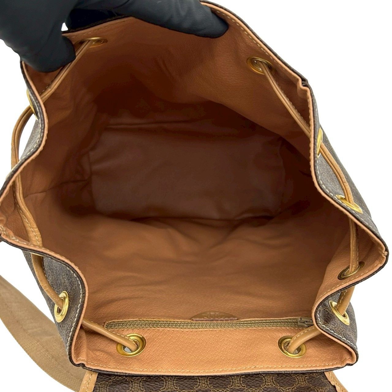 Celine Vintage Macadam Blason Triomphe Pattern Logo Ring Leather Backpack Brown — view 9