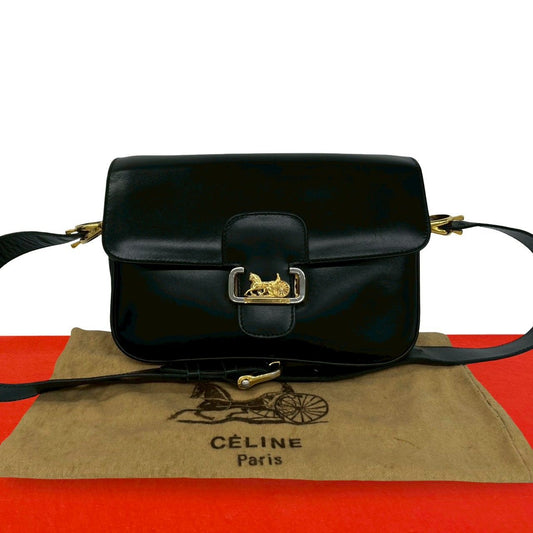 Celine Vintage Logo Carriage Leather Shoulder Bag Pochette Crossbody Black
