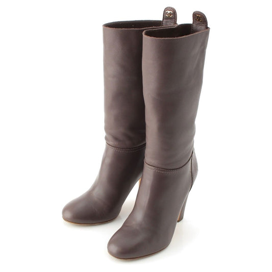 Chanel Leather CC Logo Heels Boots Brown