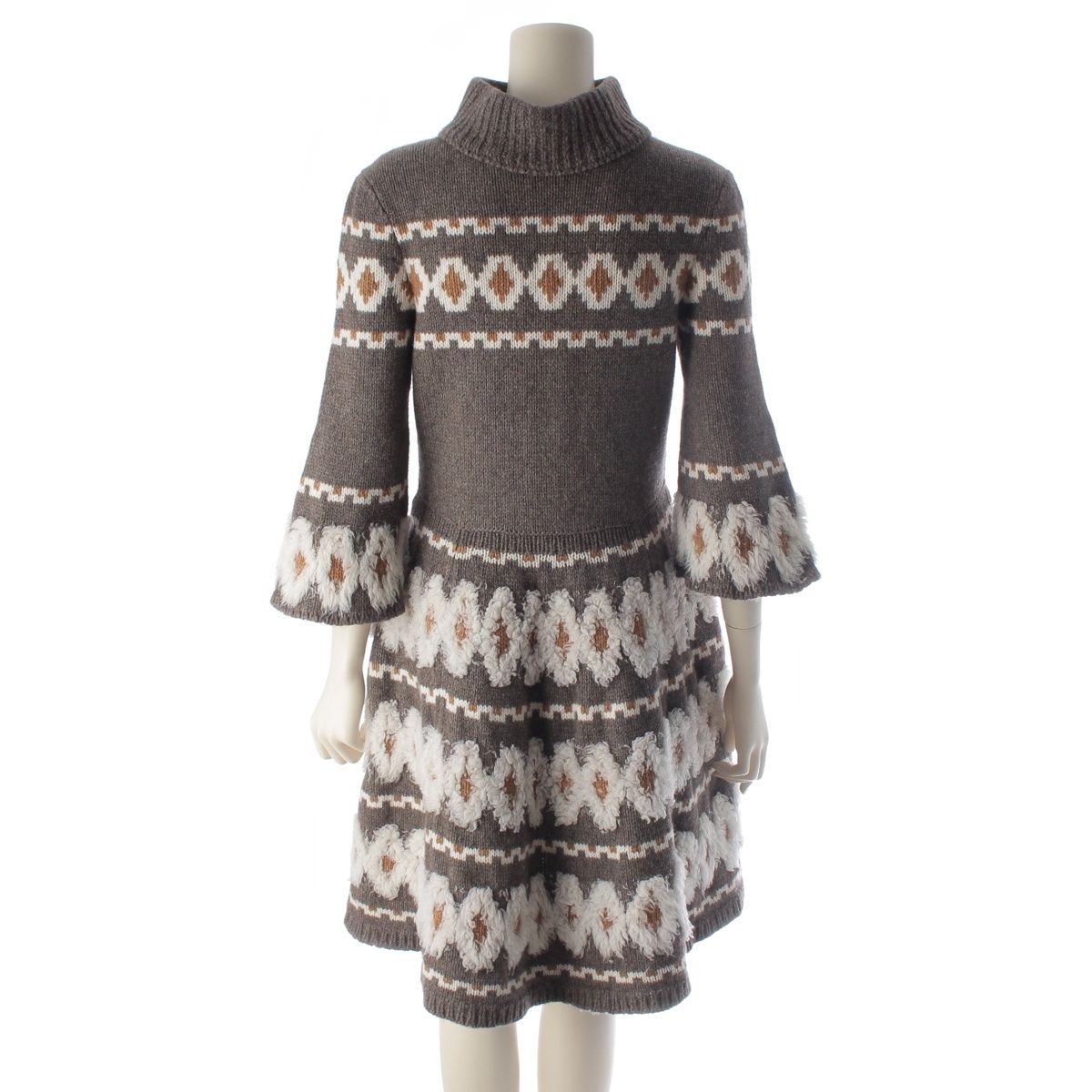 Chanel Wool Yak Cashmere Flare Sleeve Knit High Neck Dress Gray Brown 36 — view 4