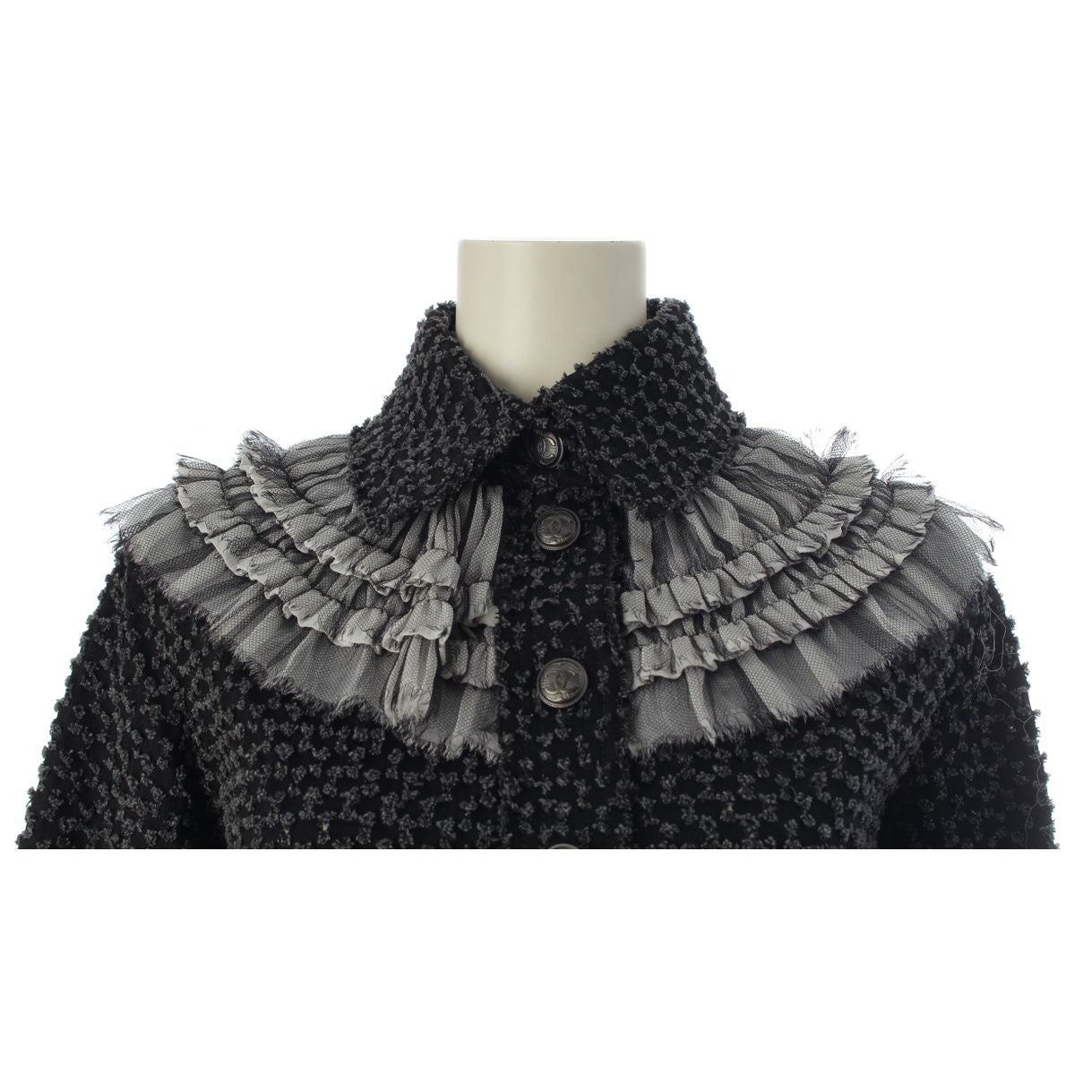 Chanel Coco Button Frill Trim Cut Jacquard Tailored Jacket Black Dark Gray 34 — view 5