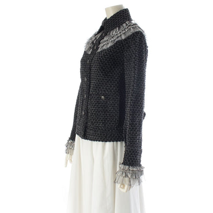 Chanel Coco Button Frill Trim Cut Jacquard Tailored Jacket Black Dark Gray 34 — view 2