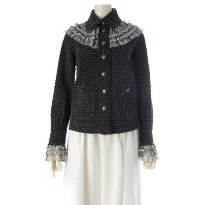 Chanel Coco Button Frill Trim Cut Jacquard Tailored Jacket Black Dark Gray 34
