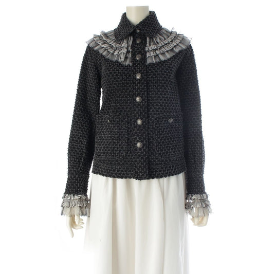 Chanel Coco Button Frill Trim Cut Jacquard Tailored Jacket Black Dark Gray 34