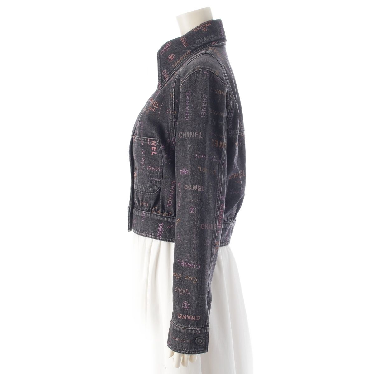 Chanel CC Logo Multi Print Denim Jacket Black Multicolor 36 — view 3
