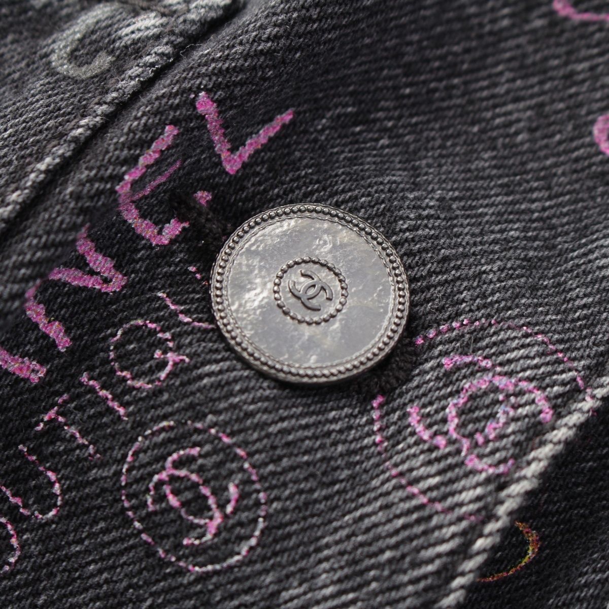 Chanel CC Logo Multi Print Denim Jacket Black Multicolor 36 — view 8