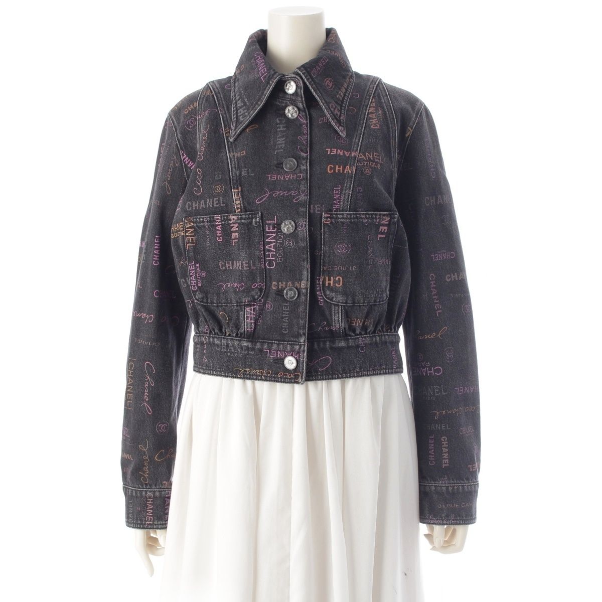 Chanel CC Logo Multi Print Denim Jacket Black Multicolor 36