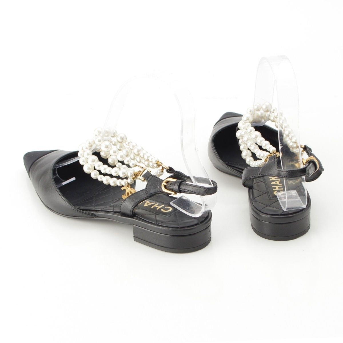 Chanel Leather Pearl Strap Sling Bag Flat Mules Shoes Black 37c — view 4