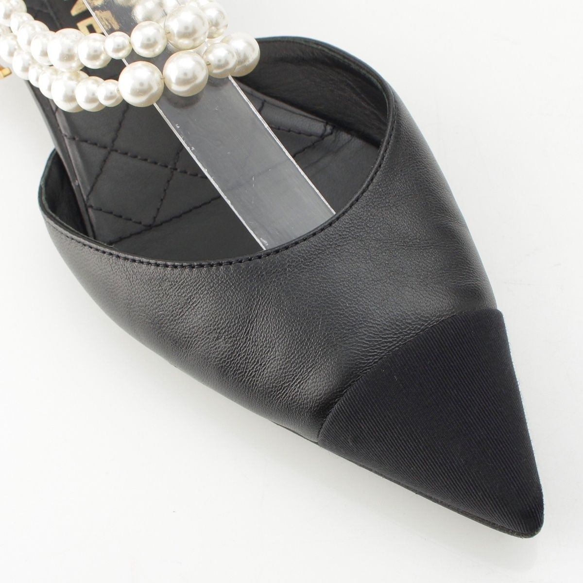 Chanel Leather Pearl Strap Sling Bag Flat Mules Shoes Black 37c — view 6