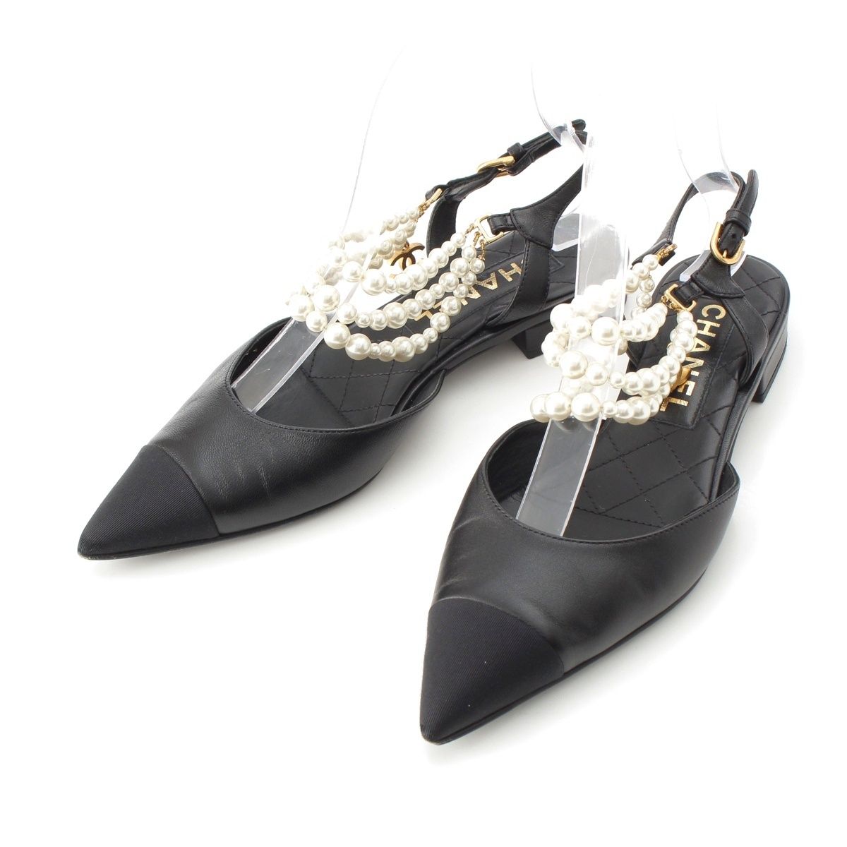 Chanel Leather Pearl Strap Sling Bag Flat Mules Shoes Black 37c