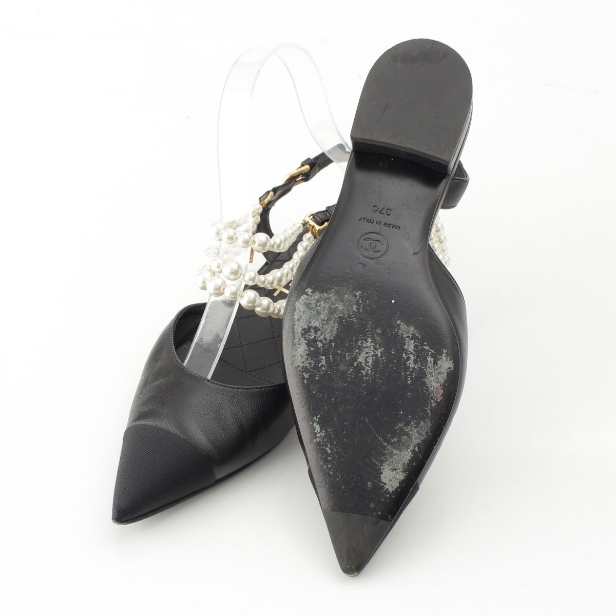 Chanel Leather Pearl Strap Sling Bag Flat Mules Shoes Black 37c — view 5