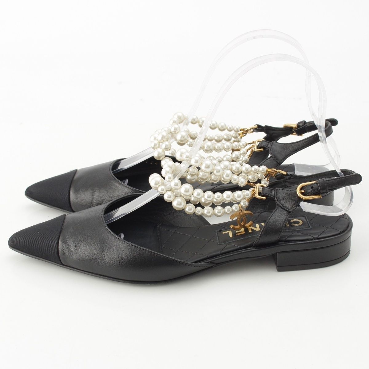 Chanel Leather Pearl Strap Sling Bag Flat Mules Shoes Black 37c — view 3