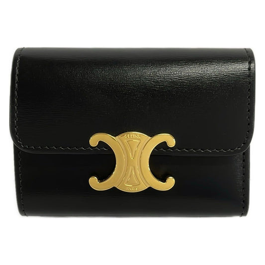 Celine Trifold Wallet Triomphe Compact Black Coin Case Removable Leather