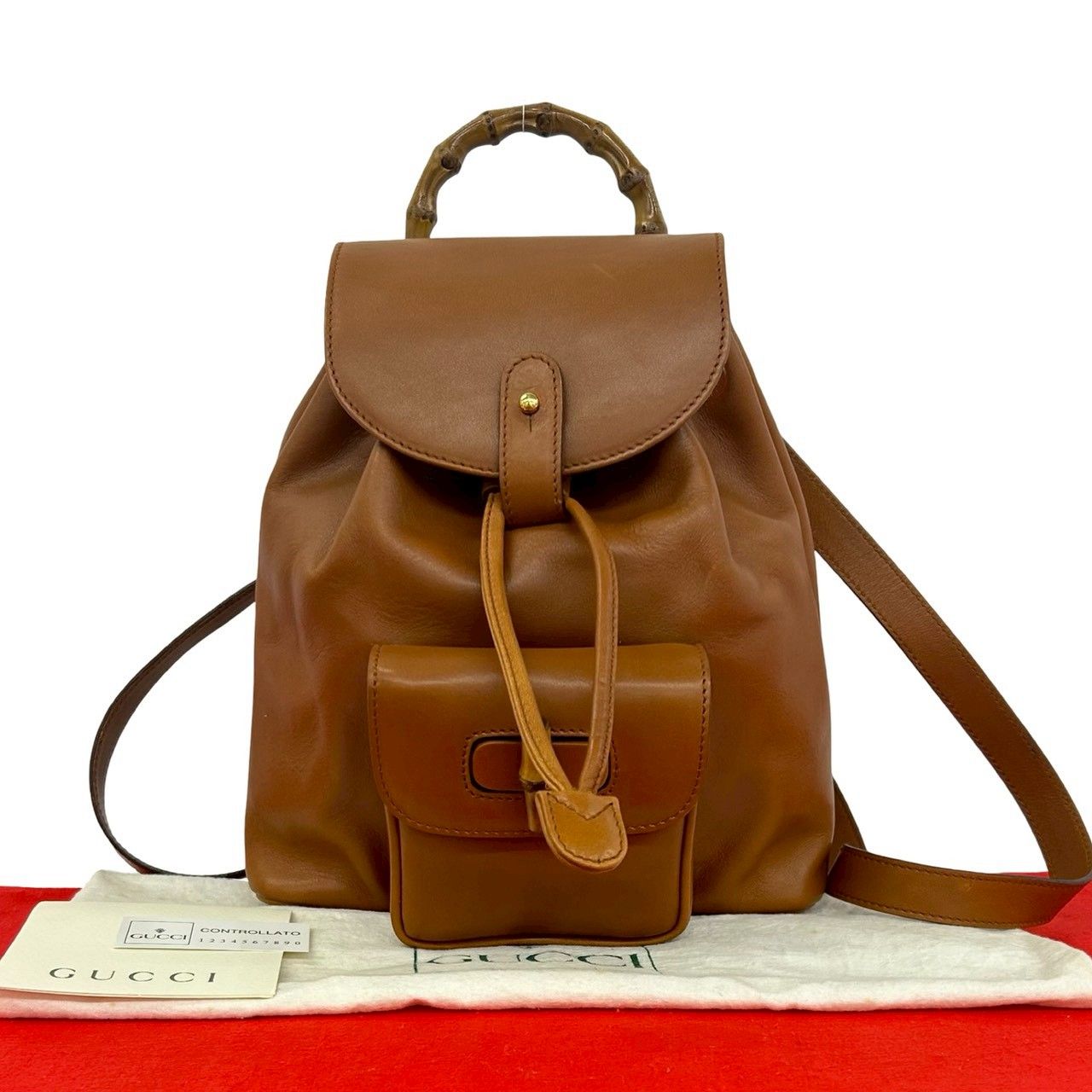 Gucci Vintage Bamboo Leather Drawstring Mini Backpack Brown