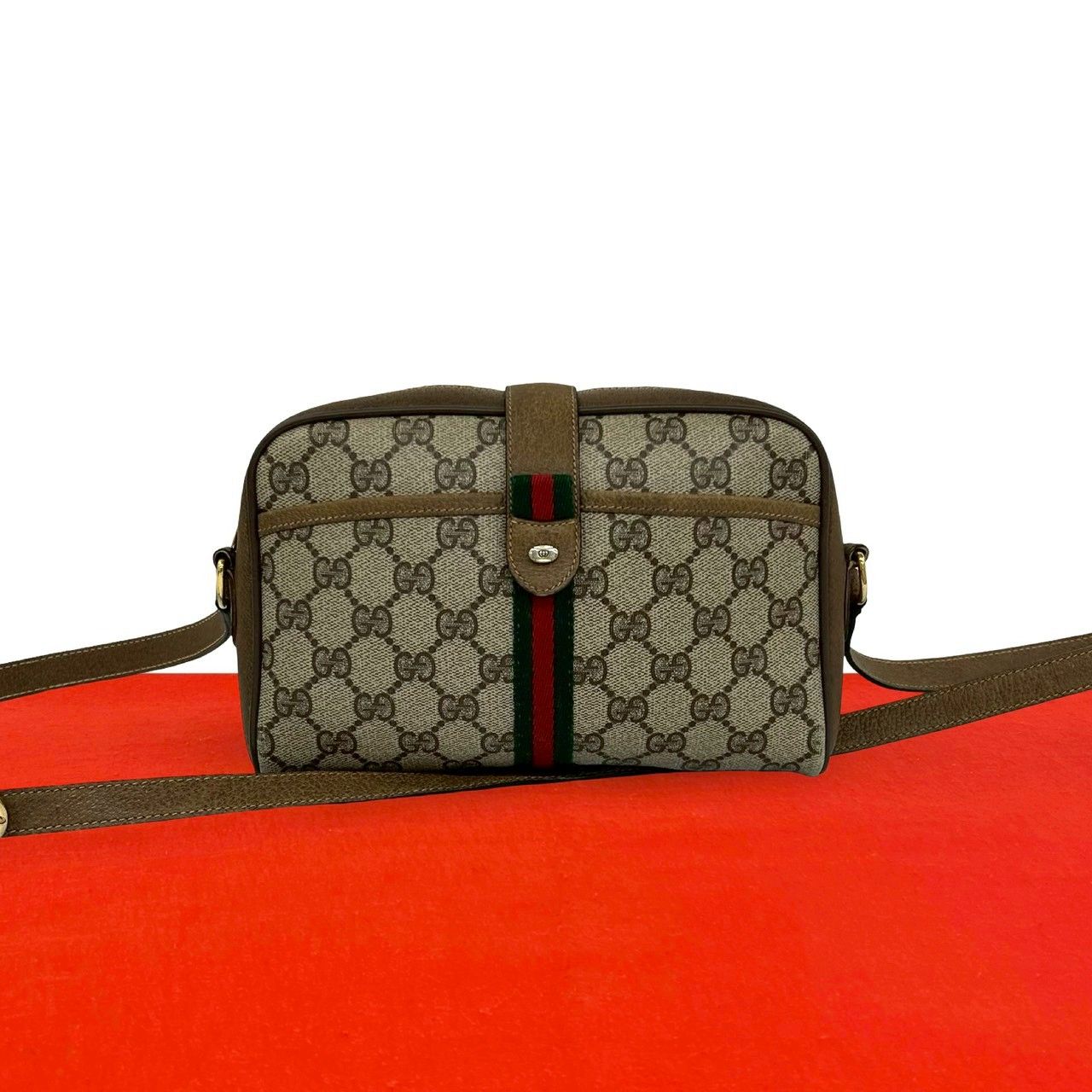 Gucci Vintage Sherry Line GG Logo Leather Shoulder Bag Brown