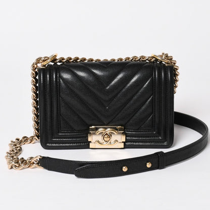 Chanel Boy Chain Shoulder Bag V-shaped Stitch Chevron Caviar Leather Black Gold