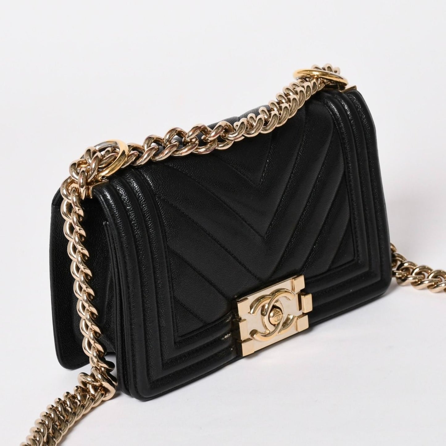 Chanel Boy Chain Shoulder Bag V-shaped Stitch Chevron Caviar Leather Black Gold — view 3