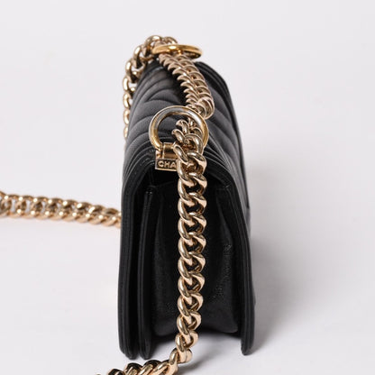 Chanel Boy Chain Shoulder Bag V-shaped Stitch Chevron Caviar Leather Black Gold — view 4
